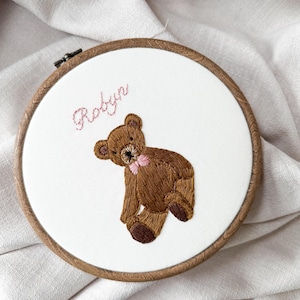 Teddy Bear Portrait Hand Embroidered Baby Keepsake | Nursery Decor | Name Announcement | Birth Announcement.