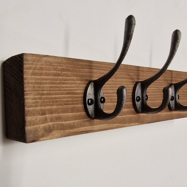 Chunky Reclaimed  Wooden Coat Rack Vintage Reclaimed Handmade Cast Iron Hook Coat Hat Hooks