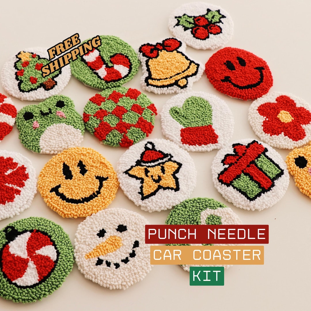 6 Pcs Christmas Diy Punch Needle Car Coaster Kit Tufting Coaster Kit ...