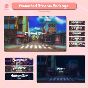 Animated Korean Anime Streets Complete Stream Overlay Package | Twitch Bundle | Cozy | Day & Night | Aesthetic | Chill |