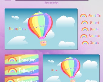 LGBTQ+ Pride Hot Air Balloon Complete Animated Stream Overlay Package | Twitch Bundle | Cute Livestream Graphics | Rainbow | Chill |