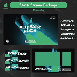 May include: A digital streaming overlay package with a space theme. The main graphic features a space shuttle with the text "BE RIGHT BACK." Additional elements include buttons for donations, new followers, and subscribers, along with social media links.