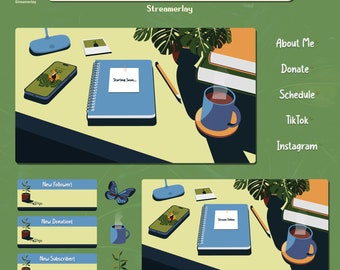 Lofi Cozy Desk Complete Animated Stream Overlay Package | Twitch Bundle | Cute Livestream Graphics | Aesthetic | Chill | Coffee |