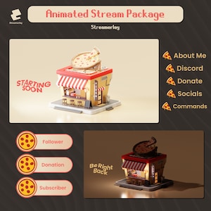 Ensemble complet de superpositions de flux animés Cosy Pizza Shop | Pack Twitch | Confortable | Jour et nuit | Alimentation | Mignon et cool |