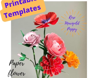 Mall för utskrivbar blombukett, utskrivbara blommor, mallar för pappersblommor, pappersros, pappersringblomma, pappersvallmo, mors dag-blommor