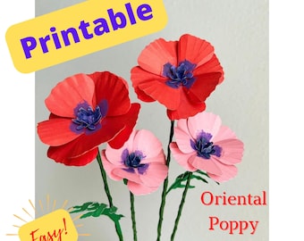 Pappvallmo, utskrivbar pappervallmo, utskrivbara blommor, bröllopsbukett av papper, mors dag-blommor, PDF-utskrivbar vallmo, utskrivbara blommor