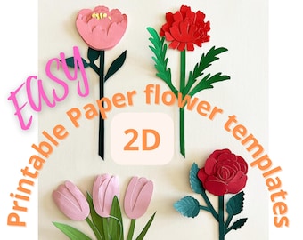 2D-mall för pappersblommor, utskrivbar PDF DIY-mallar för pappersblommor, presentkort, bröllop, 4-i-1, mors dag-present