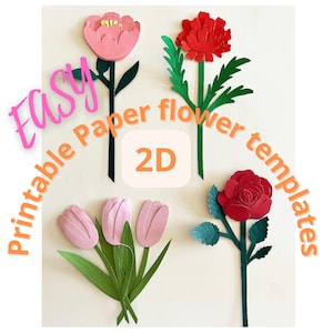 Modelo de flor de papel 2D, modelos de flores de papel DIY para impressão em PDF, cartão de presente, casamento, 4 em 1, presente de dia das mães