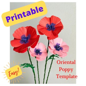 Paper poppy, printable paper poppy, printable flowers, wedding paper bouquet, Mother's Day flowers, PDF printable poppy, printable flowers
