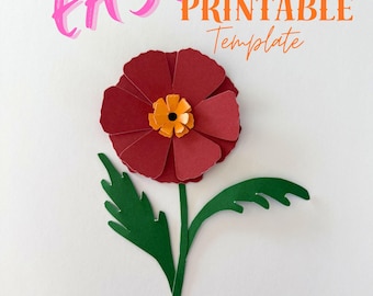 Enkel gör-det-själv 2D-pappersvallmoblomma-mall, gör-det-själv 2D-pappersblomma-mall, utskrivbart pappersblommönster, enkel att klippa ut blommig väggdekoration