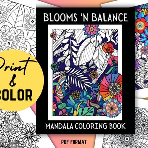 Printable STRESS RELIEF flower mandala coloring book pages for relaxation, stress relief, fun. Print and Color. PDF Format.