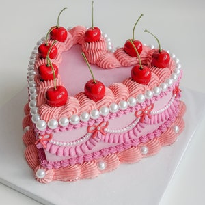 Heart fake cake with pearls and cherries image 2