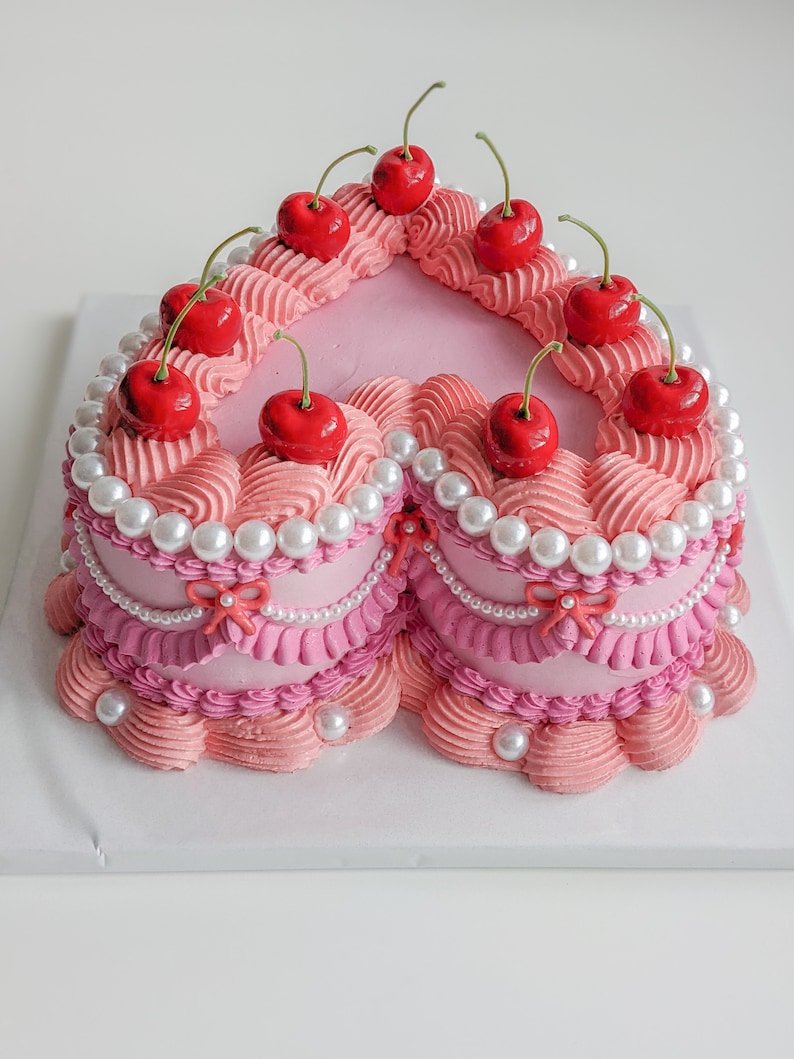 Heart fake cake with pearls and cherries image 3