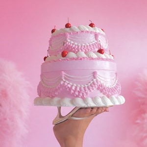May include: A two-tiered pink cake with white frosting and red cherries on top. The cake is held up by a silver sandal against a pink background. The cake has decorative white frosting and a ribbon around the middle.
