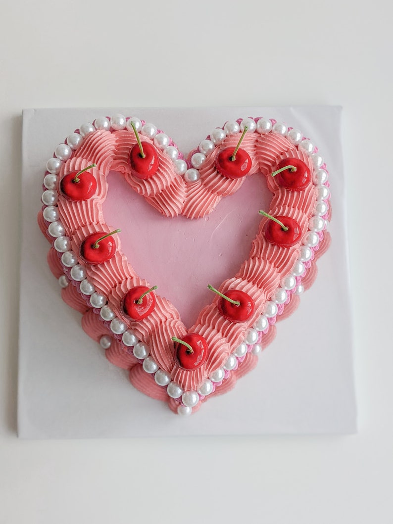 Heart fake cake with pearls and cherries image 4