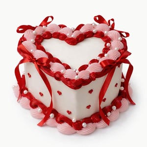 Op de afbeelding: Een hartvormige taart met witte glazuur, versierd met rode en roze glazuurkrullen, rode linten en kleine parelachtige snoepjes. De taart heeft kleine rode hartdecoraties en is een feestelijk dessert.