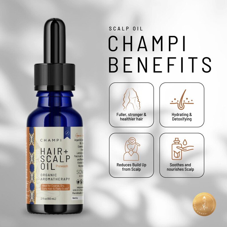 Puede incluir: Una botella azul de CHAMPI Hair + Scalp Oil Prewash Aromaterapia org&aacute;nica. La botella est&aacute; etiquetada con los beneficios del aceite, que incluyen cabello m&aacute;s abundante, fuerte y saludable, reducci&oacute;n de la acumulaci&oacute;n en el cuero cabelludo, hidrataci&oacute;n y desintoxicaci&oacute;n, y calmar y nutrir el cuero cabelludo.