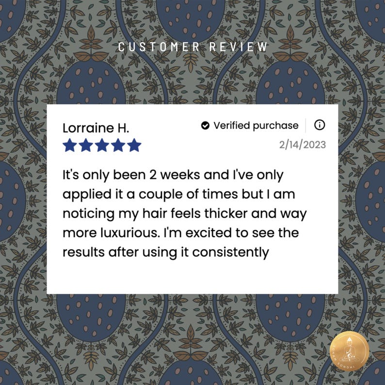 Puede incluir: Rese&ntilde;a de cliente con cinco estrellas y un comentario de Lorraine H. que dice: "Solo han pasado dos semanas y solo lo he aplicado un par de veces, pero estoy notando que mi cabello se siente m&aacute;s grueso y mucho m&aacute;s lujoso. Estoy emocionada de ver los resultados despu&eacute;s de usarlo de manera constante." La rese&ntilde;a est&aacute; fechada el 2/14/2023 y est&aacute; marcada como una compra verificada.