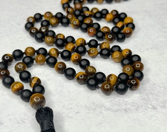 Tijgeroog & Onyx Handgeknoopte Mala 8mm | 108 Kraal | Japa Mala | Gebedskralen | Meditatie ketting | Mantra en Reiki doordrenkt