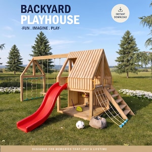 Spielhauspläne für Kinder, Baumhausplan mit Holzterrasse, zum Selberbauen mit digitalen Downloads