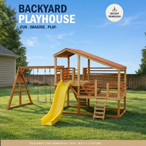 Planos de construcción de casas de juegos para niños, plano de casa de juegos con columpio y tobogán, hágalo usted mismo con descargas digitales