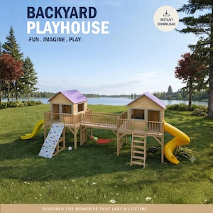 Planos para casita de juegos infantil, casita de dos torres con puente, paso a paso, hágalo usted mismo con los archivos digitales descargables.