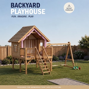 Backyard Playhouse Plans with Attached Swing Set | Elevated Wooden Cottage DIY PDF