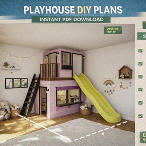屋内木製プレイハウスプラン：滑り台付きDIYロフト、マーケットロールプレイング（PDF説明書）