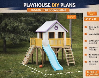 DIY Playhouse Plans PDF | Kids Wooden Backyard Treehouse with Slide and Climbing Wall