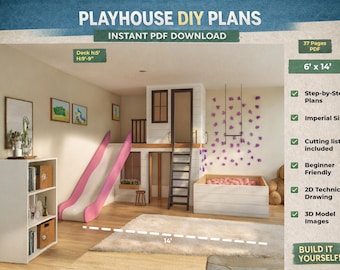 Plano de casita de juegos de madera para interiores: Altillo con tobogán y rocódromo (instrucciones en PDF)