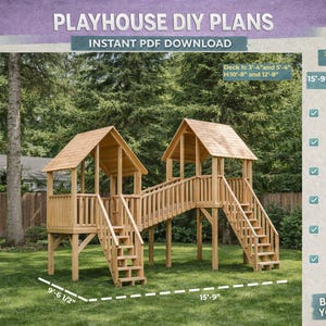 DIY Erhöhte Doppelturm Spielhaus-Pläne | Kinderspielplatz im Hinterhof PDF | Brücke Gehweg Kinder Spielhaus Bauen