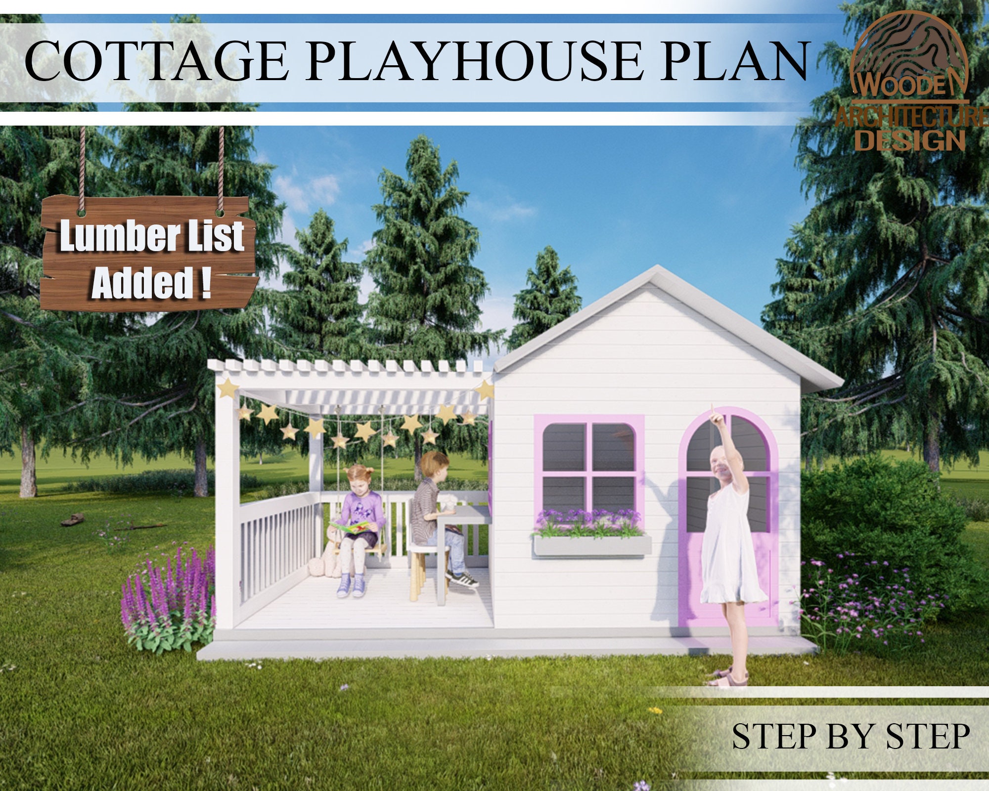 Cottage Playhouse Plans for Kids Playhouse With Pergola Pink Etsy