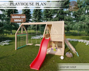 Playhouse Build Plans for Kids, Playhouse Plan with swing, slide and climbing wall, Do It Yourself with Digital downloads