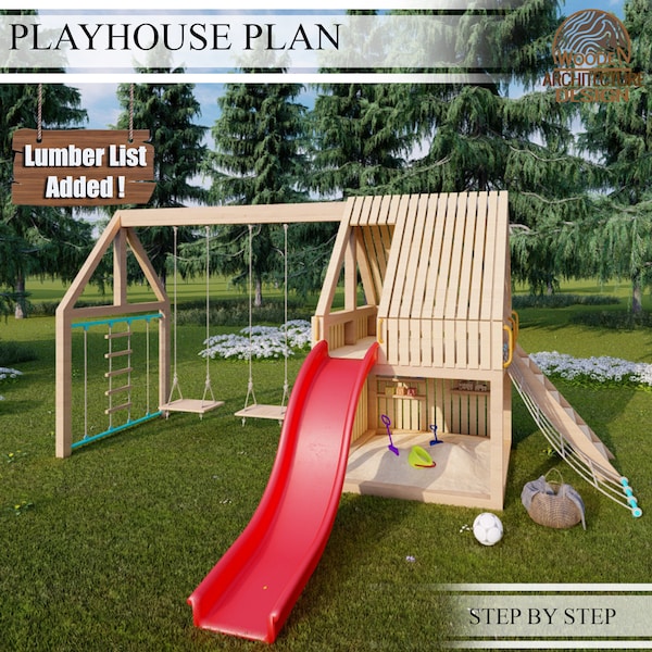 Spielhaus Baupläne für Kinder, Spielhaus Plan mit Schaukel, Rutsche und Kletterwand, Do It Yourself mit Digital downloads