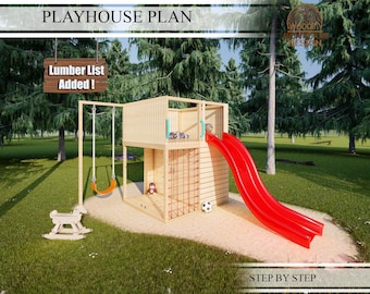 Playhouse Build Plans for Kids, Playhouse with swing and slide , Sandbox playfround, Do It Yourself with Digital downloads