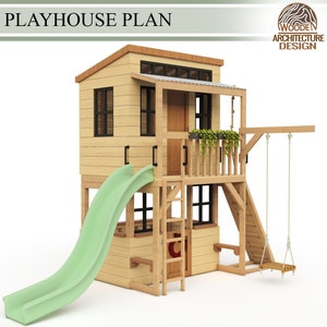 Playhouse Build Plans for Kids, 2-storey Playhouse with climbing wall, slide and swing , Do It Yourself with Digital downloads image 2