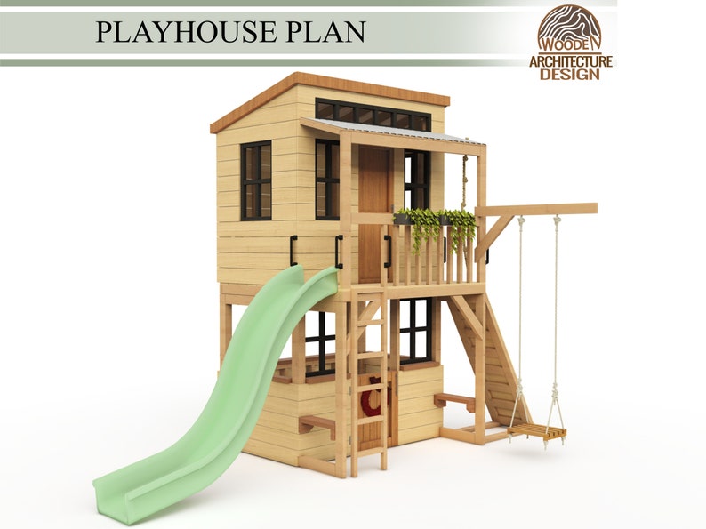 Playhouse Build Plans for Kids, 2-storey Playhouse with climbing wall, slide and swing , Do It Yourself with Digital downloads image 2
