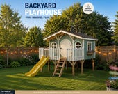 Playhouse Plan for kids | Modern Elevated Hobbit style Treehouse with deck and slide | Do It Yourself with Digital downloads