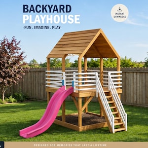 Playhouse Plans for Kids, Wooden Deck Treehouse with slide, Do It Yourself with Digital downloads