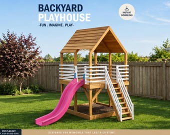 Spielhauspläne für Kinder, Baumhaus mit Holzterrasse und Rutsche, zum Selberbauen mit digitalen Downloads