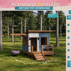 Modern Playhouse DIY Plans PDF | Kids Outdoor Treehouse with Deck & Swing – Instant Download