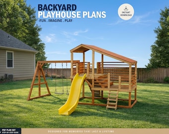May include: A wooden backyard playhouse structure featuring a yellow slide, a swing set with two swings, a raised platform with a roof, and a ladder. The text reads BACKYARD PLAYHOUSE PLANS -FUN. IMAGINE. PLAY- and INSTANT DOWNLOAD.