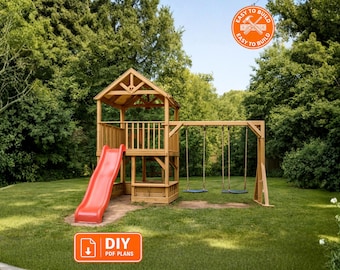 DIY Wooden Playhouse Plans with Slide and Swings | Backyard Kids Playground | Step-by-Step PDF