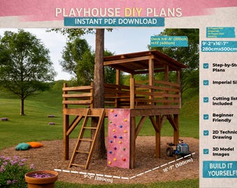 DIY Treehouse Plans with Climbing Wall & Deck | Outdoor Kids Playhouse Woodworking Project