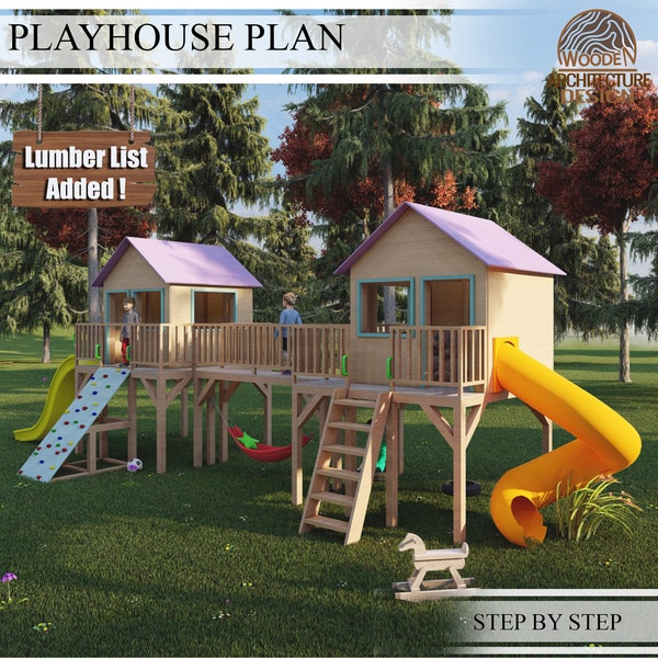 Playhouse Plans for Kids, Two Tower Playhouse with bridge, Step by Step, Do it Yourself with the  Digital Downloading Files