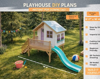 Planos para construir una casita de juegos para niños, casita de juegos de jardín, hágalo usted mismo con descargas digitales