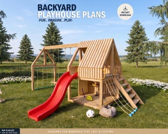 Könnte beinhalten: Baupläne für ein Garten-Spielhaus aus Holz mit roter Rutsche, Kletternetz, Treppe und Schaukel. Der Text lautet BACKYARD PLAYHOUSE PLANS -FUN. IMAGINE. PLAY- und PDF PLAN SET STEP-BY-STEP GUIDE. Enthält ein Symbol für den sofortigen Download.