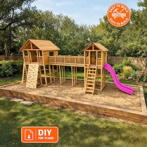 DIY Wooden Playhouse Plans with Bridge, Swings & Slide – Backyard Playground PDF Download