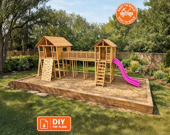 DIY Wooden Playhouse Plans with Bridge, Swings & Slide – Backyard Playground PDF Download