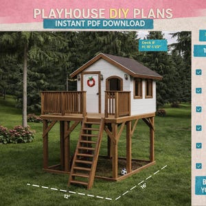 Planos de casa de juegos elevada de 12 x 16 (PDF) / Casa de juegos de madera para niños con terraza (DIY) / Paso a paso